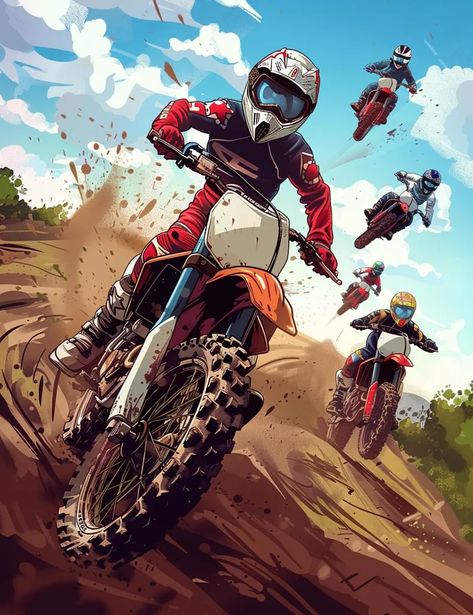 The image shows a group of five dirt bike riders racing through a sandy track. The riders are all wearing protective gear and are riding in a close group ->> more details in ai-img-gen.com Bike Racing Wallpaper, Adventure Bike Gear, Story Boarding, Motorbike Art, Biker Photography, Image Moto, Bike Riders, Bike Drawing, Awesome Artwork