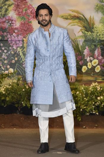 Blue Sangeet Outfit For Groom, Bollywood Style Blue Bandhgala For Reception, Blue Bollywood Sherwani For Reception, Indowestern Menswear Wedding, Blue Indo Western Men, Wedding Sherwani For Groom, Anand Ahuja, Achkan For Men, Indian Wedding Sherwani