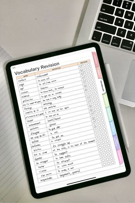 This is the vocabulary revision page from our digital language learning planner! The template lets you write down words in your target language with definitions. The best bit is the revision tracker that really encourages you to study! 💗 Check it out @ StudyStuff on Etsy.com Revision Template, Language Study Planner, Language Learning Notebook, Language Learning Planner, Language Notebook, Study Language, Learning Template, Language Journal, Planner For Ipad