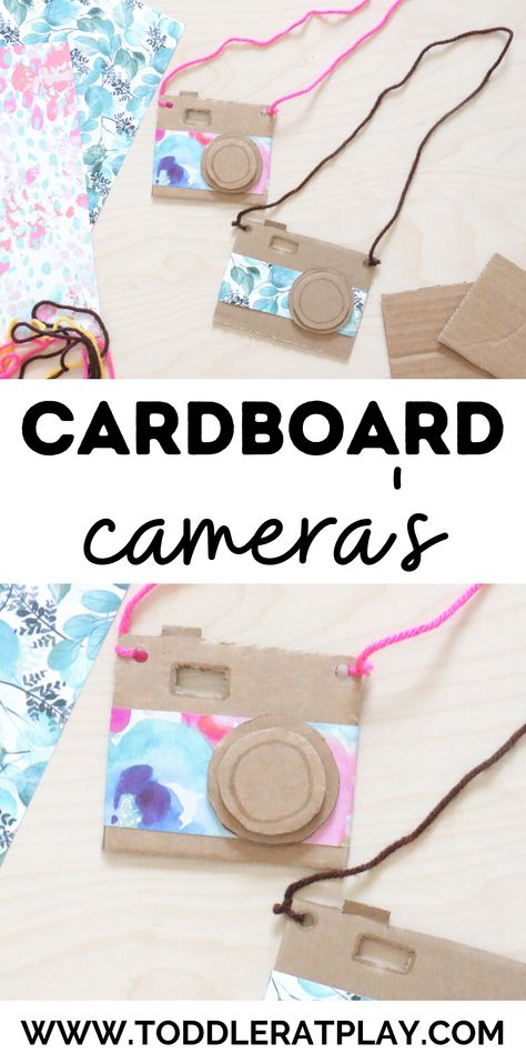 This Cardboard Camera Craft is a ton of fun! Who doesn’t love an easy recycled craft idea using cardboard? With simple instructions and basic materials, these camera’s are totally customizable too! Use different colors and types of string, choose different patterns for the card stock and more! Each one will look so different and unique!  #cardboardcrafts #recycledcrafts #cameracraft Cardboard Camera, Easy Recycled Crafts, Camera Crafts, Adventure Crafts, Cardboard Crafts Kids, Recycled Crafts Kids, Cardboard Box Crafts, Camera Art, T Love