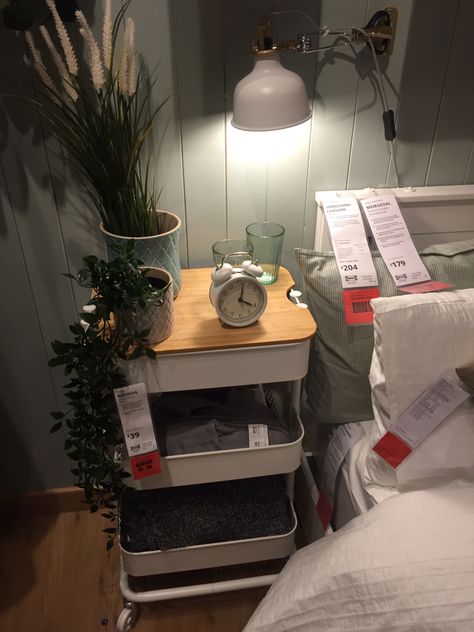 Ikea Trolley Bedside Table, Rolling Cart Nightstand Bedside Tables, Ikea Cart Bedside Table, Raskog Bedside Table, Trolley Bedside Table, Rolling Cart Bedside Table, Room Inspo Bedside Table, Bedside Trolley, Cute Bedside Tables Aesthetic