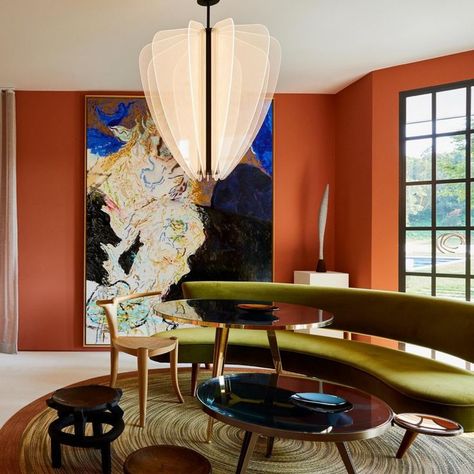 Inside Leyden Lewis Design Studio’s vibrant pool bar and kitchenette at Galerie Magazine’s House of Art & Design in Sag Harbor. Featured in this space is Vladimir Kagan’s Floating Curved Sofa. Vladimir Kagan, Geometric Nature, Airbrush App, Unique Bouquet, Pool Bar, Curved Sofa, American Furniture, Lighting Guide, Light Architecture