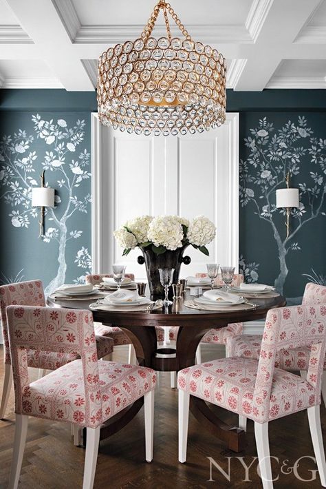 Paige Pierce Design Walker Zanger Tile, Pink Dining Chairs, Bone Inlay Dresser, Dining Table Light, Transitional Dining Room, Transitional Dining, Central Park West, Multifunctional Space, Herringbone Floor