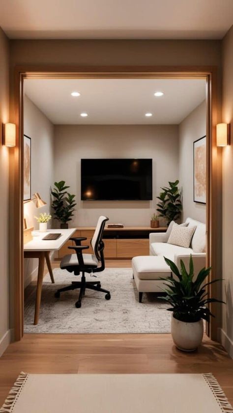 Design a guest bedroom/office with a TV for versatile use, perfect for working or hosting guests. 11x12 Home Office, Basement Office Living Room, Small Office Media Room, Home Office Ideas With Tv, Open Plan Home Office, Home Office In Family Room, Study Room With Couch, Tv Wall Design Office, Work From Home Office Basement