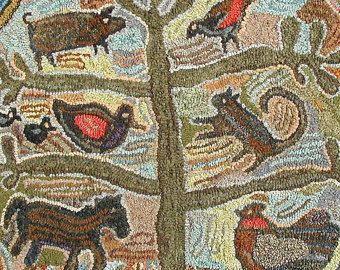 Animal design//Simple Gifts rug hooking patterns//primitive tree//Magdelena Briner inspired//cat chicken horse pig duck bird Headbands Fabric, Primitive Tree, Rug Hooking Patterns Primitive, Barbie Products, Rug Makers, Animal Rugs, Punch Rug, Hooking Rugs, Hooked Rugs Primitive