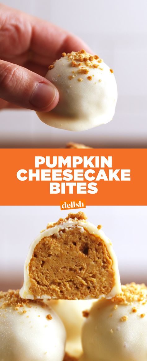 Good luck just having one of these Pumpkin Cheesecake Bites. Get the recipe at Delish.com. Pumpkin Cheesecake Bites, Cheesecake Truffles Recipe, Cheesecake Bites Recipe, Savory Cakes, Dessert Aux Fruits, Desserts Vegan, Cheesecake Bites, Köstliche Desserts, Pumpkin Dessert