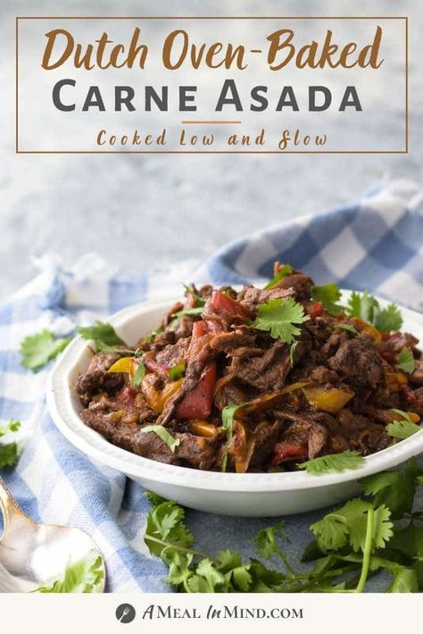 Easy carne asada that cooks low and slow in a dutch oven until it will shred with a fork. Rich with the flavors of chile, cumin and more from a homemade, Paleo spice rub. | A Meal In Mind #amealinmind #carneasada #dutchovencarne #dutchovendinner #roastedcarneasada #paleocarneasada Easy Carne Asada, Carne Asada Recipes, Flat Iron Steak, Dutch Oven Recipes, Delicious Gluten Free Recipes, Slow Roast, Gluten Free Recipes For Dinner, Shredded Beef, Homemade Spices