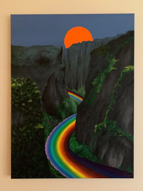 #rainbow #river #nature #mountains #painting #art #canvas #jcavydraws Trippy Landscape Art, Rainbow River, Rainbow Drawing, Illusion Paintings, Road Painting, Rainbow Road, Rainbow Paint, Rainbow Tree, River Painting