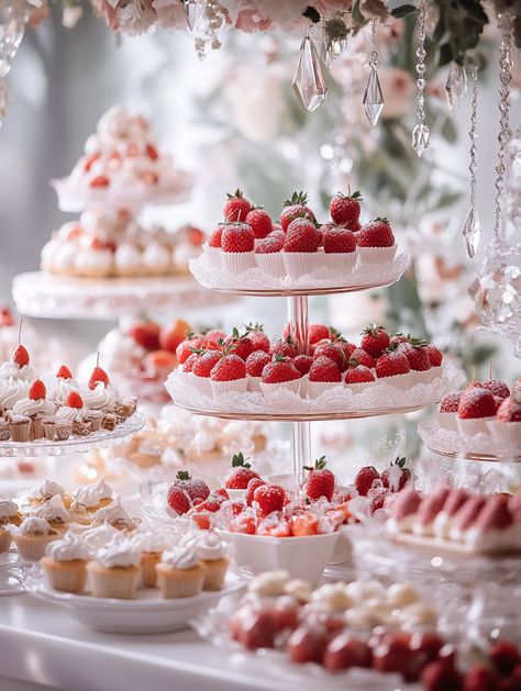 🌹✨ Indulge in a stunning wedding dessert table, where culinary art meets luxury! 🍰💖 A high-end Michelin star chef presents an exquisite spread of strawberry-themed delights, beautifully adorned with dreamy edible flowers 🌼, fragrant herbs 🌿, and sparkling diamonds 💎. This enchanting setup, brought to life in crimson and pure white, is a feast for the eyes as much as for the senses. Perfectly ca... Tables For Wedding, Dessert Spread, Michelin Star Chef, Star Chef, Wedding Dessert Table, Culinary Art, Wedding Dessert, Michelin Star, Dessert Tables