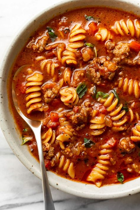 Italian Sausage Soup Salt And Lavender Italian Sausage Soup, Italian Sausage And Pasta Soup, Soup With Tomatoes In It, Sausage Pasta Soup Recipes, Crockpot Pasta Soup, Sausage And Pasta Soup, Postpartum Dinner Recipes, Easy Pasta Soup Recipes, Soup Recipes With Italian Sausage