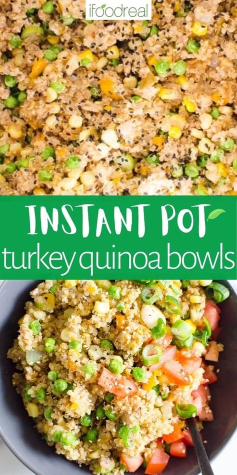 Instant Pot Ground Turkey Quinoa Bowls is a healthy 30-minute pressure cooker one-pot meal. It's made with quinoa, ground meat, and veggies coated in a delicious flavored sauce inspired by Chinese takeout but healthy! It's a bowl loaded with beautiful colours, flavours, and textures. It's easy to make, simple, hearty, and perfect for meal prep or having easy access to healthy leftovers! Quinoa Meat, Quinoa Turkey, Turkey Quinoa, Instant Pot Turkey, Instant Pot Quinoa, Healthy One Pot Meals, Quinoa Bowls, Pot Recipes Healthy, One Pot Meal