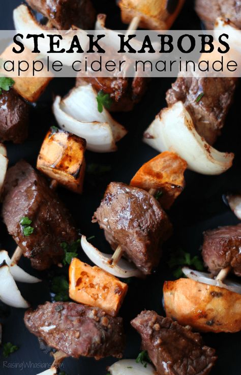 Fall Steak Kabobs with Apple Cider Marinade Fall Grilling, Grilled Kabob Recipes, Potatoes Easy, Steak Kabobs, Grilled Steak Recipes, Protein Packed Meals, Kabob Recipes, Steak Marinade, Fall Dinner Recipes