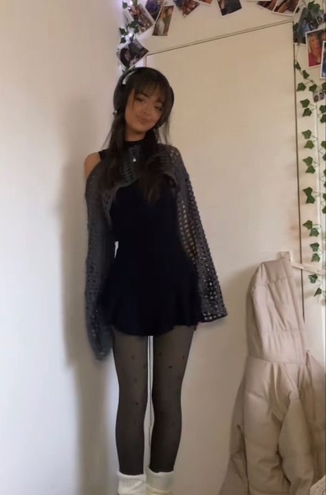 Leg Strap Outfit, Cute Slip Dress Outfits, Slight Goth Outfits, Ddd Cup Outfits, Fright Night Outfit Ideas, Black Open Knit Sweater Outfit, Dark Barbie Aesthetic Outfit, Delicate Feminine Outfits, Black Top And Black Skirt Outfit