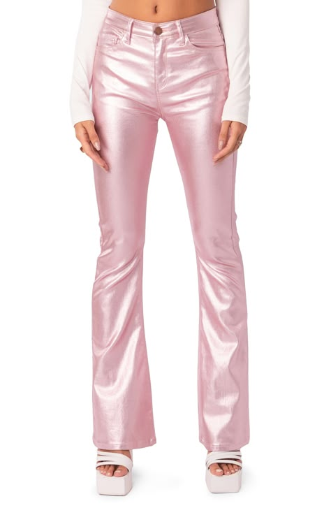 These flare-leg faux-leather pants give you a fierce edge and boost of confidence when you need it most. 45% polyester, 45% rayon, 10% spandex Hand wash, dry flat Imported Metallic Pants, Flare Leg Pants, Faux Leather Pants, Look Vintage, Preppy Outfits, Dream Clothes, S Models, Bottoms Pants, Flare Jeans