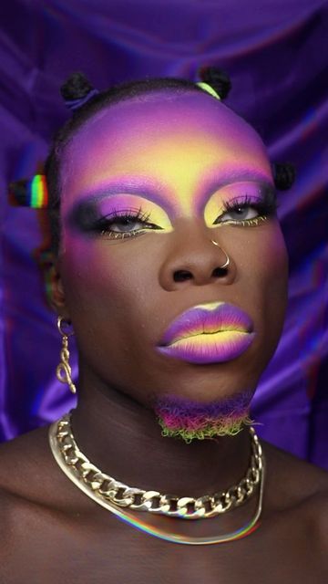 The King of Colour on Instagram: "Decided to make use of this 4head of mine💜💛 Hope ya like it😘 Products used: @mehronmakeup Pastel yellow, pink paint sticks @maccosmeticsuk paint stick palette @glitterrealmco Summerita palette @opvbeauty neon pigments @lorealparis infallible concealer @maccosmeticsuk NW58 studio fix fluid foundation @tiltmakeup 120 foundation stick @maybelline eraser concealer @bennyemakeup Ebony powder @hudabeauty cinnamon bun powder @nyxcosmetics_uk amethyst liquid suede lipstick @makeuprevolution yellow eye base" Light Drag Makeup, Neon Yellow Eyeshadow Looks, Neon Makeup Looks, Maybelline Eraser Concealer, Infallible Concealer, Space Elf, Maybelline Eraser, Neon Green Outfits, Eraser Concealer