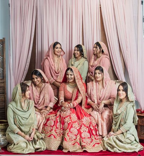 Photo from Jashan & Karan Wedding Indian Wedding Group Photo Ideas, Indian Bridesmaid Gifts, Punjabi Bridesmaids Outfits, Punjabi Bridesmaids, Indian Wedding Photo Ideas, Bridesmaid Favours, Shadi Pic, Sisters Outfits, Desi Bridesmaids