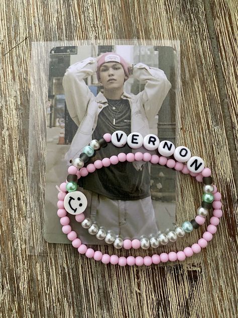 Bracelets + Lomo card. Inspired by Kpop Seventeen Vernon with acrylic beads mixed beads, fimo smiley and letter beads. Good to know : *Discoloration of skin or jewelry This has nothing to do with cheap materials, but with all kinds of other factors. *What causes it? Metal (often an alloy of several types of metal) and real silver can discolour or discolor the skin due to: - perfume or cosmetics (particularly substances such as calamine, zinc oxide, titanium dioxide and electrolytic oxide) - wate Kpop Jewelry, Bts Bracelet, Kpop Seventeen, Pop Jewelry, Seventeen Vernon, Lomo Card, Zinc Oxide, Titanium Dioxide, Letter Beads