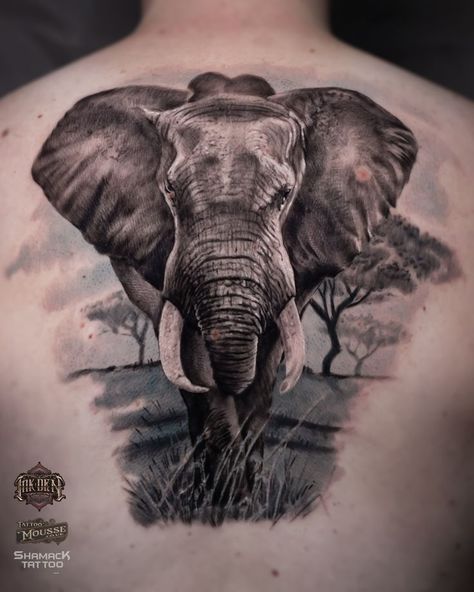 Elephant Back Tattoo, Realistic Elephant Tattoo, Tattoo On The Back, Tattoo Realism, Wildlife Tattoo, Scene Tattoo, K Tattoo, Art Beat, Skeleton Hand Tattoo