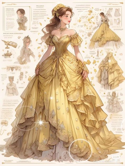 Yellow Gown Aesthetic, Fantasy Gowns Art, Yellow Princess Dress, Belles Dress, Gown Drawing, Dreamy Gowns, Dress Design Drawing, Seni Dan Kraf, Clothing Design Sketches