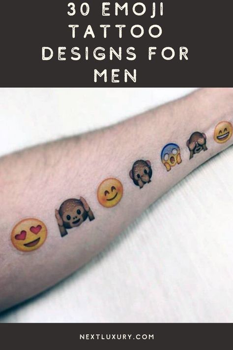 Emojis are the modern hieroglyphs. It only makes sense to memorialize this exciting era of technological advancement and social media with emoji tattoos.100, underlined. Crying laughing face. Dollar sign. Poop. #nextluxury #tattooideas #tattoodesigns Emoji Tattoos For Men, Best Emoji, Emoji Tattoo, Technological Advancement, Cool Emoji, Laughing Face, Arm Band Tattoo, Cool Tattoos For Guys, Traditional Ink