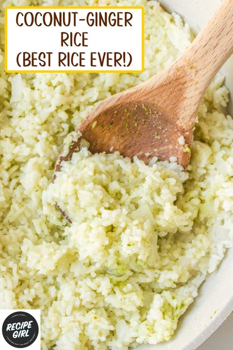 Coconut Ginger Rice Recipe, Sweet Coconut Rice Recipe, Coconut Ginger Rice, Ginger Rice Recipe, Asian Treats, Ginger Rice, Coconut Rice Recipe, Rice Side Dish Recipes, Savory Sides