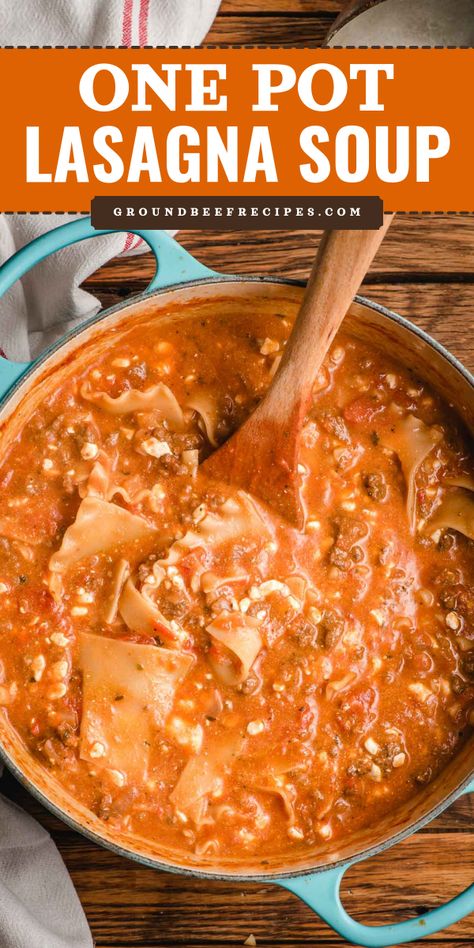 A hearty soup in just 30 minutes! This warm dinner idea will become one of your favorite winter dishes. Loaded with ground beef in creamy, cheesy goodness, this One Pot Lasagna Soup is one of the best comfort food recipes! Lasagna Soup Recipes Easy, Lasagna Soup With Hamburger, Cozy Crockpot Lasagna Soup, Easy Lasagna Soup Recipe Simple, Lasagna Soup With Tortellini, Cheesy Lasagna Soup, Ground Beef And Rice Soup Recipes, Easy Soup Recipes With Ground Beef, Soup Recipes Using Ground Beef