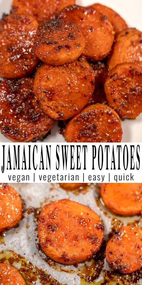 his Jamaican Sweet Potato recipe is easy to make and full of vibrant flavors, boasting a harmonious blend of island spices and natural sweetness. Bursting with Caribbean flair, this Jamaican classic dish offers a tantalizing combination of tender sweet potatoes, aromatic herbs, and a hint of heat, promising a culinary escapade for your palate. #contentednesscooking #vegan #vegetarian #sweetpotatoes Quick Easy Dinner Sides, Caribbean Sweet Potato Recipes, Health Potato Recipes, Jamaican Potato Salad, Jamaican Potatoes, Jamacian Food Sides, Plant Based Sweet Potato Recipes, Vegan Jamaican Recipes, Jamaican Vegan Recipes