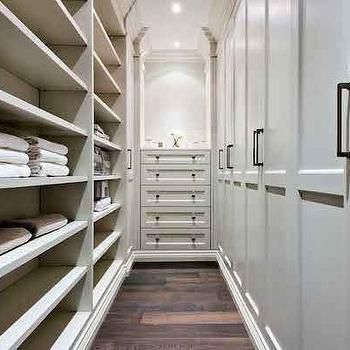 Narrow Walk In Closet, like idea of cupboards one side with sliding doors & shelving hanging space the other Narrow Walk In Closet, Narrow Wardrobe, Closet Conversion, Floor To Ceiling Wardrobes, Transitional Closet, Narrow Closet, Floor To Ceiling Cabinets, Bathroom Closet Organization, Built In Dresser