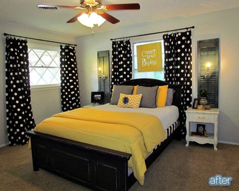 Shutters as backdrop for mounted light sconces and they hide the cords too. Yellow And Black Bedroom, Yellow Bedroom Decor, Yellow Room, Yellow Decor, Yellow Bedroom, Black Bedroom, Bedroom Black, Trendy Bedroom, Gray Bedroom