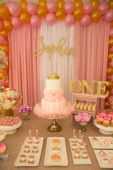 Sophia the Princess Turns 1 | CatchMyParty.com Princess Birthday Party Ideas, 1st Birthday Princess, Princess First Birthday, Belle Princess, Princess Birthday Party Decorations, 1st Birthday Girl Decorations, Princess Theme Birthday, Princess Theme Birthday Party, Princess Sophia