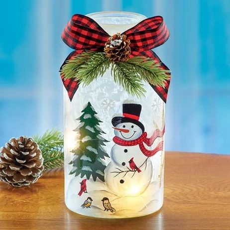 LED Lighted Frosted Snowman Mason Jar Lamp with Bow | Collections Etc. Snowman Mason Jar, Lighted Snowman, Hobby Craft, Christmas Wine Bottles, Diy Glass Bottle Crafts, Painted Wine Bottles, Christmas Mason Jars, Christmas Jars, Christmas Projects Diy