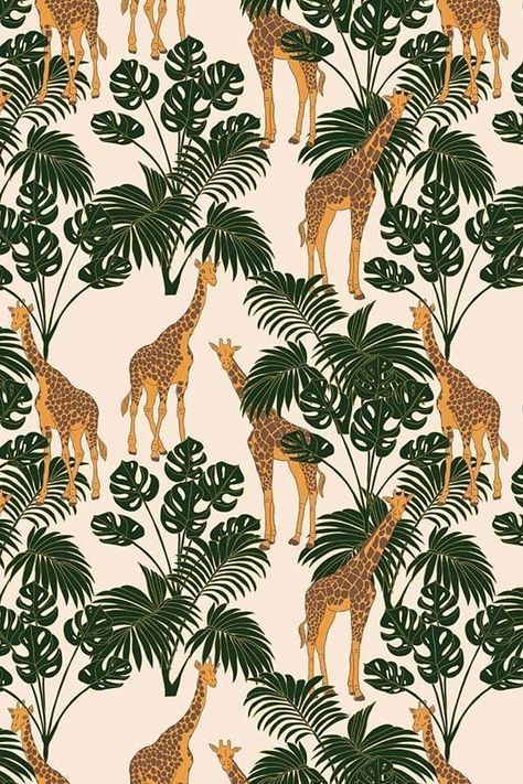 Jungle Pattern Design, Jungle Plants, Safari Pattern, Giraffe Illustration, Jungle Life, Wallpaper Seamless, Art Deco Living Room, Jungle Pattern, Tropical Animals