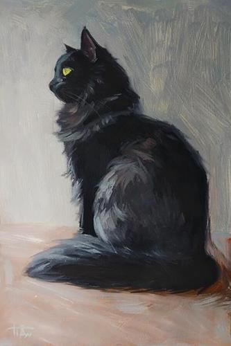 Black Cat Reference Drawing, Cat Memorial Painting, Diy Cat Art Crafts, Cat Painting Portrait, Cute Black Cat Painting, How To Paint A Black Cat, Black Background Art Paint, Gray Cat Art, Black Cat Painting Easy