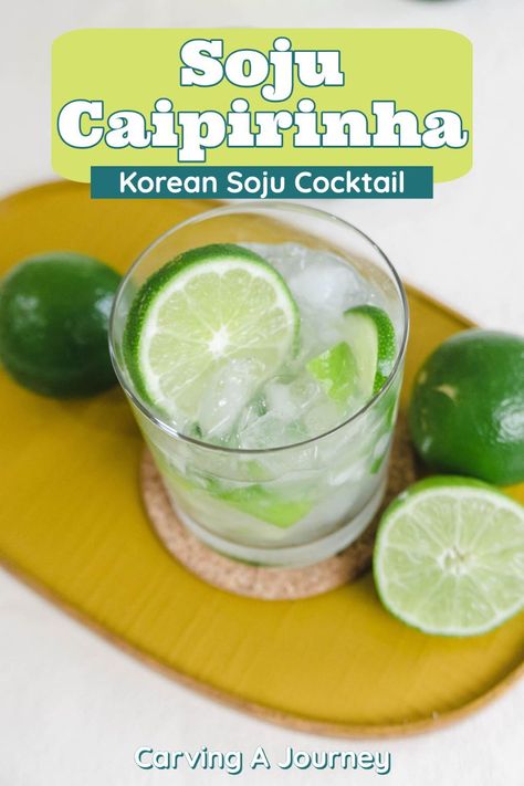 This spring and summer, try making this light and refreshing soju cocktail recipe. This alcoholic beverage is based on the Brazilian national drink: the caipirinha. This drink is the perfect spring cocktail and summer cocktail because of its refreshing and cooling flavor! You make this cocktail with three ingredients: lime, sugar, and soju!!! Yummy!! Yum! Delicious! #Koreanfood #Brazilianfood #cocktailrecipe #cocktail #soju Soju Alcohol, Soju Recipes, Soju Drinks, Soju Cocktail, Cocktail Recipes At Home, Caipirinha Cocktail, Sake Cocktail, Spring Cocktail, Citrus Cocktails