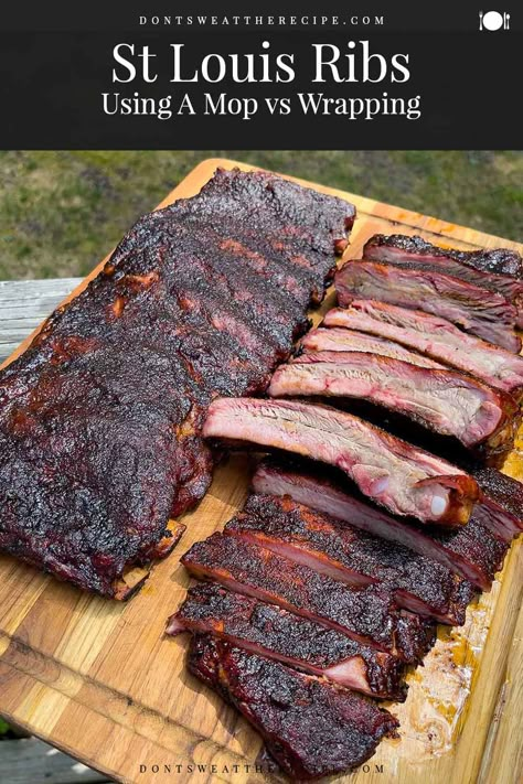 Do you want to step up your St. Louis ribs game and serve some fantastic smoked ribs? Try using a mop vs. wrapping. It's a Game-changer. Traeger Ideas, Smokehouse Recipes, St Louis Style Ribs, St Louis Ribs, Braised Short Ribs Recipe, Smoked Pork Ribs, Bbq Recipes Ribs, Bbq Sausage, Bbq Pork Ribs