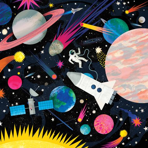 Space Fine Art Print By Sunny Beast | notonthehighstreet.com Space Scene, Family Puzzle, Art Spatial, Family Puzzles, Colorful Art Prints, Jigsaw Puzzles For Kids, Space Illustration, Colorful Space, Parc D'attraction