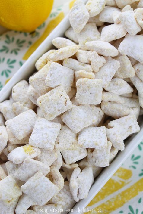 Lemon Puppy Chow Orange Puppy Chow, Puppy Chow With Jello, Lemon Chex Mix Puppy Chow, Lemon Puppy Chow Chex Mix Recipe, Lemonade Puppy Chow, Lemon Chex Mix, Lemon Muddy Buddies, Lemon Chex, Lemon Puppy Chow