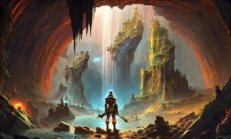 The image is a fantasy landscape. In the foreground, there is a warrior standing on a rocky beach. He is looking out at a large body of water. In the middle of the water, there is a series of waterfalls. The waterfalls are coming from a large, floating island. The island is covered in greenery and there are several buildings on it. In the background, there is a large cave. The cave is filled with mist. Rocky Beach, Floating Island, Body Of Water, The Cave, Image Generator, Fantasy Landscape, In The Middle, A Series, Mist