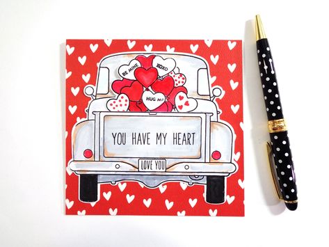 Husband Valentine, Pick Up Truck, Handmade Valentine, Square Card, Handmade Greetings, Handmade Greeting Cards, Copic Markers, Hand Coloring, Greeting Cards Handmade