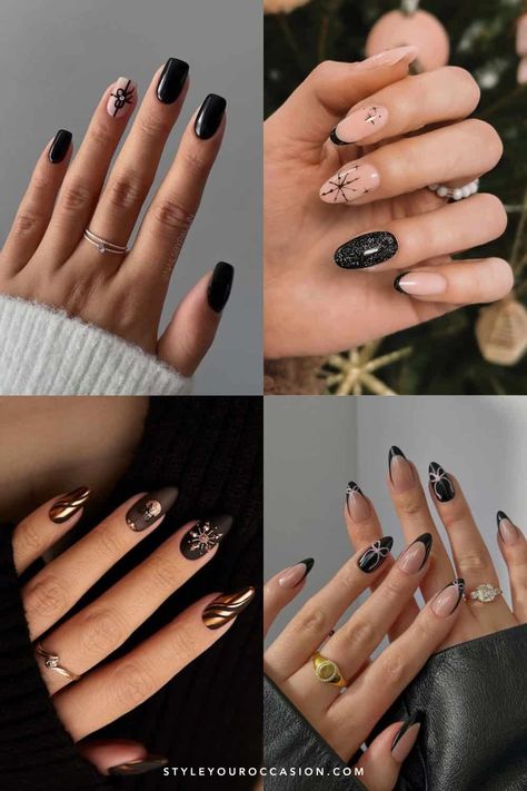 Black Nail Gold Design, Start Nails Art Designs, Silver With Black Nails, Black Cat Eye Nails Design Short, Abstract Holiday Nails, Black Nails For Christmas, Cute Black Nails Ideas Simple, Black And Gold Holiday Nails, Nightcourt Acotar Nails