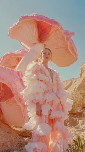 ↑↑↑ Larger size on website 🔸 A young woman in a pink, frilly dress stands beneath a giant, pink mushroom. The mushroom has a larg Mushroom Inspired Fashion, Fashion Surrealism, Pink Frilly Dress, Fantasy Texture, Summer Editorial, Giant Mushroom, Frilly Dress, Pink Mushroom, Dreamy Landscapes