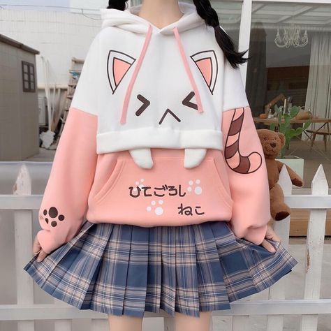 Harajuku Pink, Kawaii Hoodies, Kawaii Hoodie, Y2k Girls, Cute Cat Face, Printed Hoodies Sweatshirts, Style Kawaii, Cute Coats, Kawaii Fashion Outfits