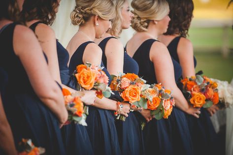 Green Wedding Tablecloth, Burnt Orange Wedding Colors, Bridesmaid Dresses Burnt Orange, Wedding Colors 2025, Orange Grey Wedding, Burnt Orange And Navy Blue, Navy Weddings, Navy Wedding Bouquet, Blue Fall Wedding