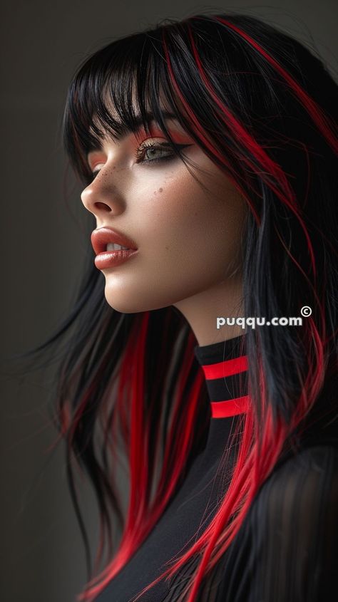 Black Hair with Red Highlights: Perfect Combo for Edgy Vibes Halo Hair Colors, Black Hair With Red, Hair With Red Highlights, Black Hair With Red Highlights, Edgy Vibes, Black Red Hair, Dip Dye Hair, Long Hair Tips, Goth Hair