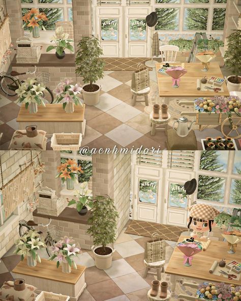 Acnh Hhp Flower House, Animal Crossing Flower Shop Ideas, Acnh Flower Shop Ideas, Flower Shop Animal Crossing, Animal Crossing Flower Shop, Acnh Plant Shop, Acnh Flower Shop, Acnh Interior, Flower Shop Interiors