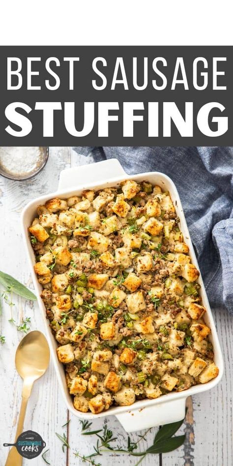 Make the best Sage Sausage Stuffing ever with this class dressing recipe! Loaded with aromatic herbs and minced sausage, this dish will become a family favorite for holidays and cozy meals. Turkey Stuffing With Sausage, Sausage Stuffing Recipe Thanksgiving, Sage Sausage Stuffing, Sausage Sage Stuffing, Sausage Stuffing Thanksgiving, Sausage Meat Stuffing, Turkey Dressing Recipe, Ground Sausage Recipes, Turkey Stuffing Recipes