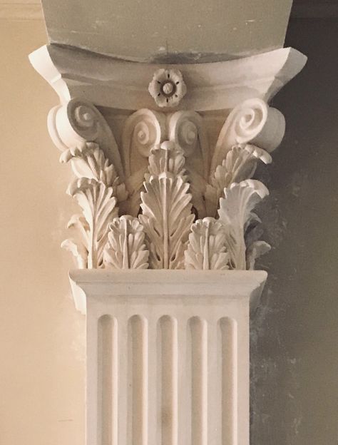 A bespoke Corinthian Column with fluted pilaster, pedestal and Acanthus leaf enriched Capital. Here you can see the 16 Acanthus enrichments, giving this decorative plaster a Neo-classical feel. Greek Pedestal, Location Drawing, Cathedral Interior, Columns Decor, Drawing The Human Head, Rome Architecture, Corinthian Columns, Geometric Shapes Drawing, Shapes Drawing