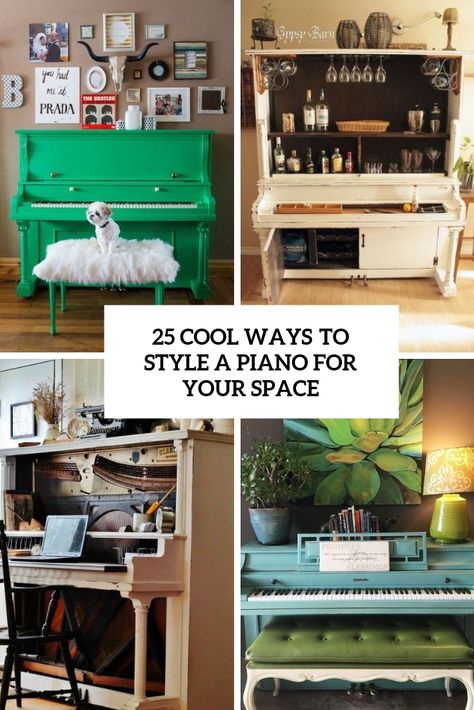 Decorate A Piano Top, Turning A Piano Into A Bar, Repurposed Upright Piano Ideas, Repurposing Piano Ideas, Alternative Piano Bench, Ideas For Old Pianos, Update Old Piano, Styling Upright Piano, Wall Above Piano Decor