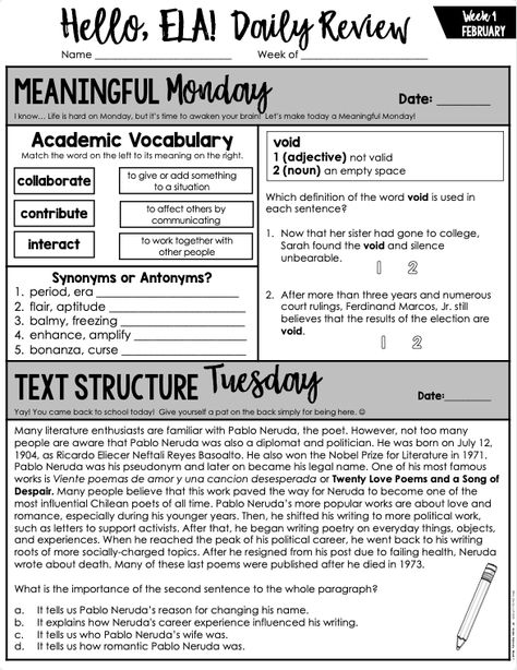 *A DIGITAL OPTION HAS BEEN INCLUDED FOR GOOGLE SLIDES/GOOGLE CLASSROOM* Be sure to re-download! There are directions and links inside the pdf. Hello, ELA! This resource is a unique way to get your students warmed up at the beginning of your ELA block. Each month contains 4-5 weeks of ELA bell work, which will have a theme around the season, national holidays, or events associated with that particular month. The morning work is focused on ELA 8th Grade Common Core Standards. Each day has a themat Homeschool 8th Grade, Academy Classroom, Ela Classroom Decor, 8th Grade English, Math Morning Work, Ela Lesson Plans, Daily Review, Academic Vocabulary, School Lesson Plans