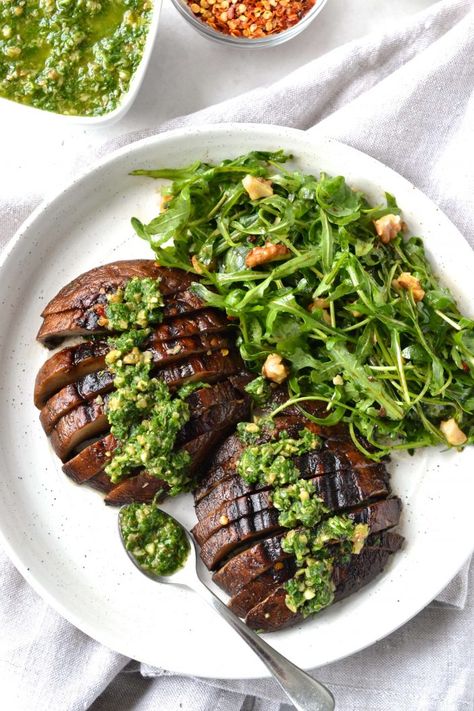 Marinated Grilled Mushrooms, Wilted Arugula, Vegan Whole 30, Grilled Vegetable Recipes, Portobello Mushroom Recipes, Whole30 Vegan, Grilled Portobello, Arugula Pesto, Specific Carbohydrate Diet